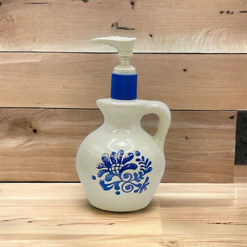 Avon COUNTRY JUG Ceramic Vintage Crock Blue Beige Hand Soap Decanter with Pump